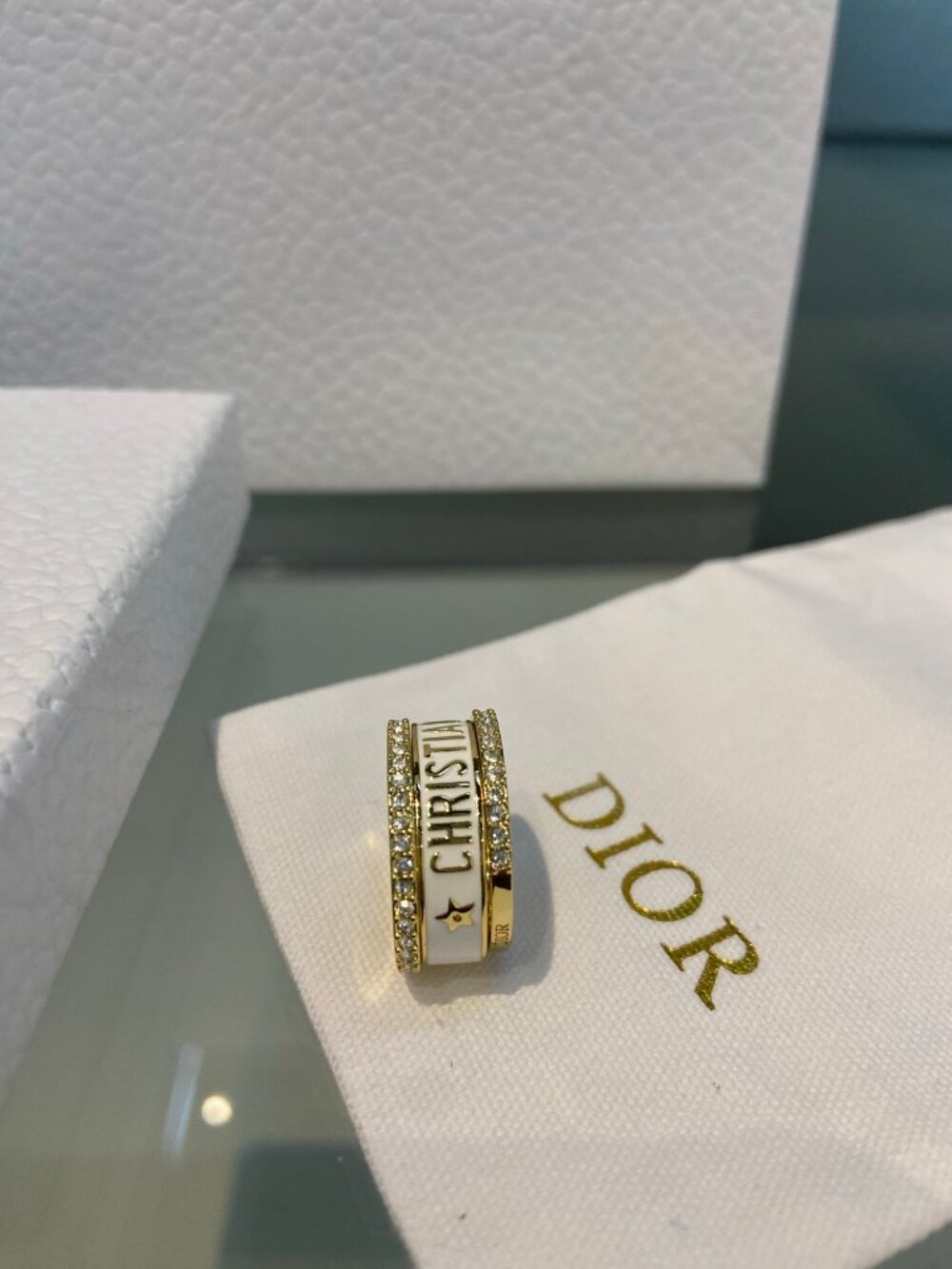 Dior Gold-Tone Crystal & White Enamel Ring Set of 3